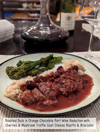 Roasted Duck in Orange-Chocolate Port Wine Reduction with Cherries & Mushroom Truffle Goat Cheese Risotto & Broccolini-1